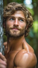A man with a beard and a smile on his face. He is wearing a shirtless and has a wet look on his face
