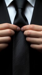 A man is getting ready to tie his tie. He is wearing a suit and tie, and his hands are holding the tie