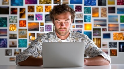 A man is sitting at a table with a laptop in front of him. He is looking at the screen with a serious expression. The room is decorated with many pictures on the wall, creating a colorful
