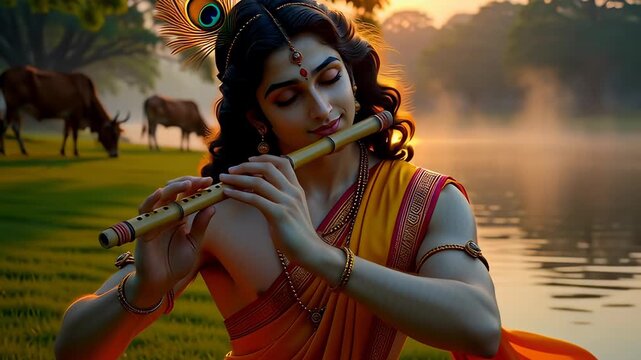 Divine Hindu god Lord Krishna plays his enchanting bansuri flute by a serene river at sunrise, surrounded by a beautiful, pastoral landscape.
