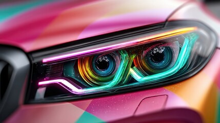 A car with colorful lights on the front of the headlight. The lights are in different colors and are glowing brightly