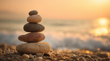 Five smooth stones stacked neatly on a pebbled beach during sunset. Gentle waves lap at the shore, creating a peaceful atmosphere as the sun dips below the horizon.