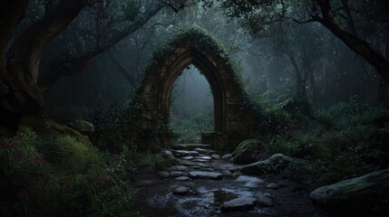 Naklejka premium A mystical stone archway covered in vines stands in a foggy forest. The lush surrounding trees and stones create a serene, magical atmosphere at dawn.