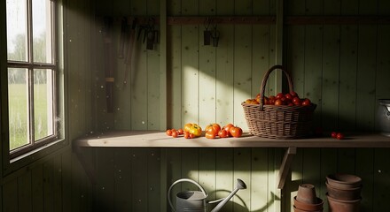 Rustic summer harvest with sun-drenched tomatoes in charming garden shed