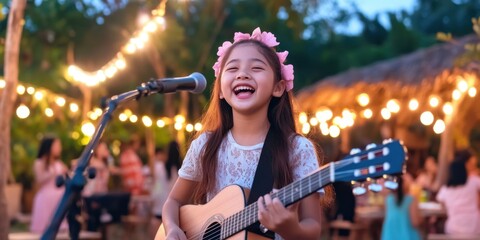 A girl is playing a guitar and smiling. She is surrounded by people and there are lights in the background