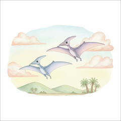 Watercolor flying pteranodon vector isolated on white background prehistoric sky scene  © Mae