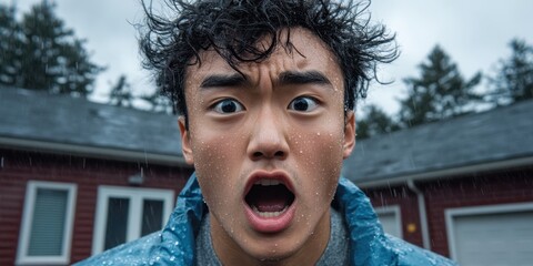 A man with wet hair and a surprised expression. Scene is one of surprise and confusion