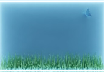 Serene Blue Gradient Backdrop with Grass Border and Butterfly Accent