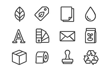 Eco Line Art Icons. Green branding design. Line icon set of green branding design: leaf logo, eco tag, kraft paper, ink droplet, typography, color palette,