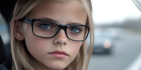 A young girl wearing glasses is sitting in a car. The car is on a road with other cars in the background