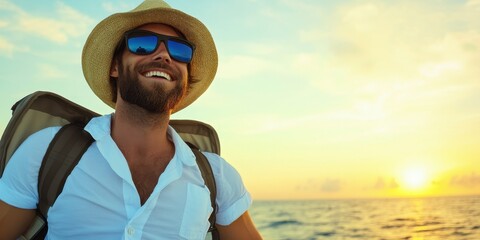 A man wearing a straw hat and sunglasses is smiling at the camera. He is sitting on a beach with a backpack beside him. The sun is setting in the background, creating a warm and relaxing atmosphere