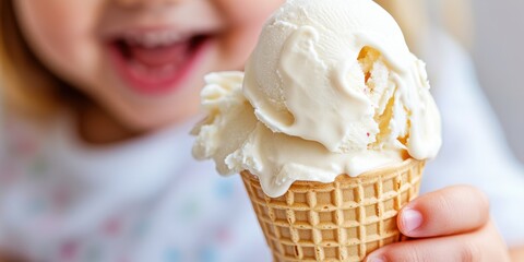 A young girl is holding an ice cream cone. She is smiling and she is enjoying her treat