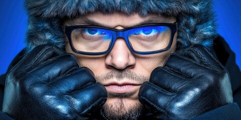 A man wearing a blue hat and black gloves is looking at the camera. He is wearing glasses and has a beard. The image has a cold and serious mood