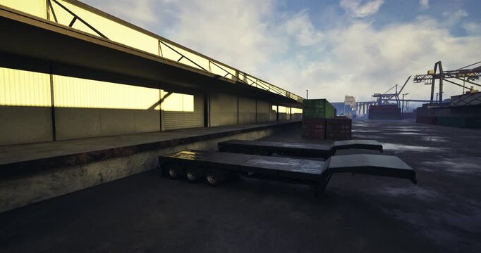 At a shipping yard, two flatbed trailers are parked beside an industrial loading dock under an overcast sky in the afternoon. Shipping containers are scattered nearby.