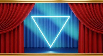 Stage Presentation with red Curtains and Triangular Neon Light, 3D Render