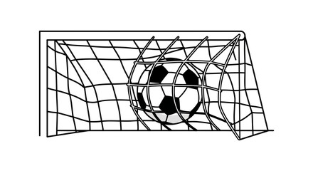 Monochrome line art illustration of a soccer ball scoring a goal.