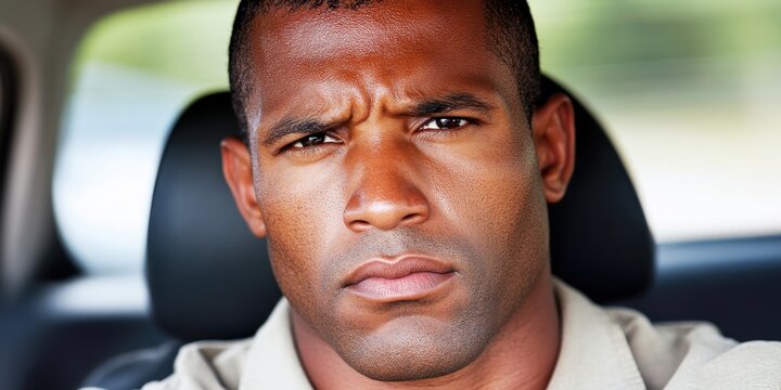 A man with a beard and a bald head is sitting in a car. He is looking at the camera with a frown on his face