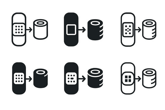 Bandage Icon Set. Bandages and gauze. Icon set. Set Logo of bandages and gauze: scissors cutting gauze strip. harmonious logo variations of the same emblematic