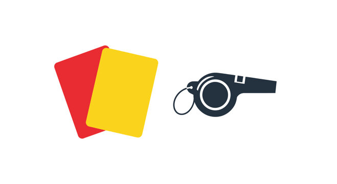 Red and yellow cards with a whistle for sports referee.