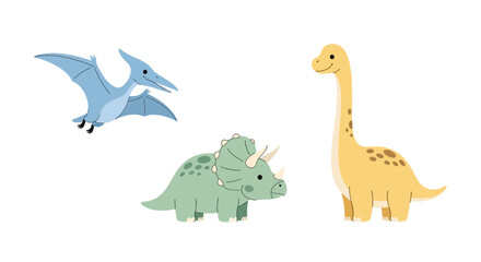 Cute Cartoon Dinosaurs Set: Pterodactyl, Triceratops, Brontosaurus, Isolated.