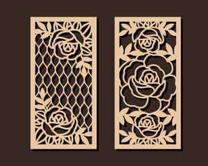 Decorative panels with roses flowers. Cutout vector floral design for home interior decor, privacy screen, wall and paper art, room dividers. Template for laser, cnc, plasma and plotter cutting