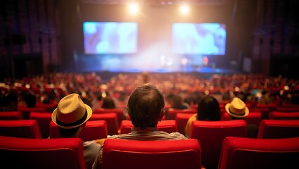 People in theater watching performance with bright stage lights