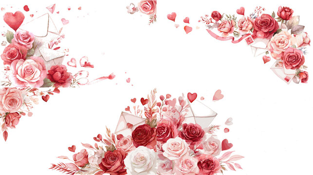Watercolor illustration of pink and red roses with hearts envelopes and floral decorations. Perfect for romantic themes wedding invitations valentines designs and love inspired artwork.