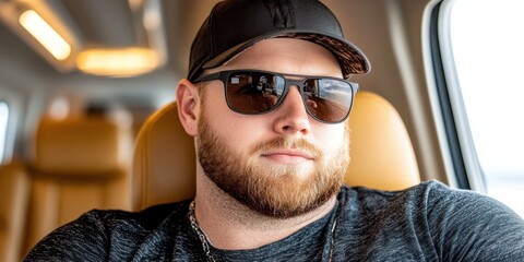 A man with a beard and sunglasses is sitting in a car. He is wearing a black hat and a black shirt