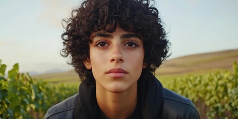 A woman with curly hair and a black hoodie is standing in a field of green vines. She has a serious expression on her face