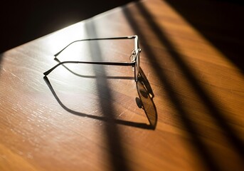 Sunlight catching modern sunglasses on a wooden surface casting shadow
