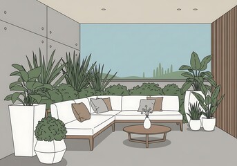 Stylized Patio Oasis with Lush Greenery and Comfortable Outdoor Seating