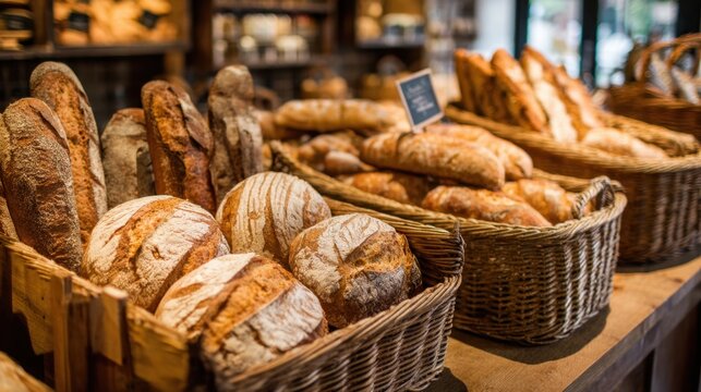A variety of artisan bread loaves are arranged in woven baskets at a bakery. The warm atmosphere invites customers to enjoy freshly baked goods in the morning.