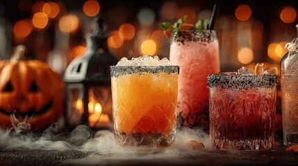 Halloween themed cocktails with pumpkin lantern and spooky decorations on a table.