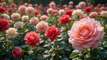 Lush Rose Garden in Full Bloom | Beautiful Pink and Red Flowers on a Sunny Day