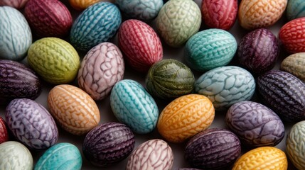 Decorative eggs in a array of colors and textures fill the surface, creating a festive atmosphere. These unique pieces are perfect for spring or holiday celebrations and crafts.