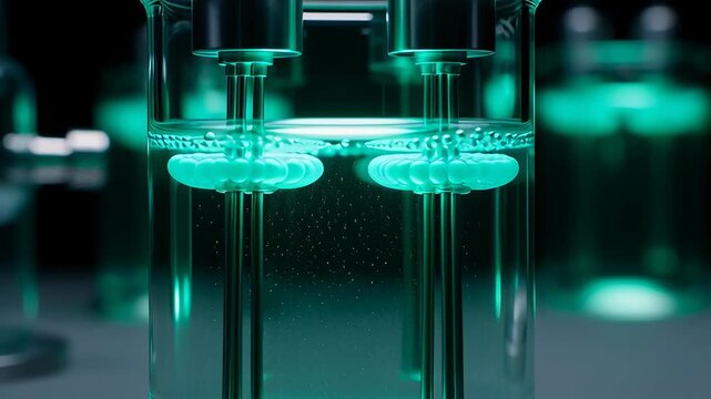A microbial fuel cell with glowing bacteria generates green energy in a futuristic laboratory experiment, showcasing biofuel and biotechnology research.