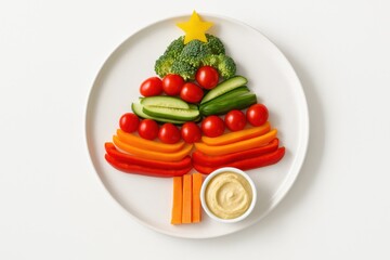 Bright assortment of fresh vegetables arranged as a Christmas tree and served with a small bowl of dip, creating a colorful holiday snack.
