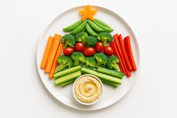 Christmas tree vegetable platter with hummus dip
