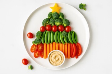 Festive holiday veggie platter arranged like a Christmas tree using broccoli, tomatoes, snap peas, carrots, and peppers, served with creamy hummus.
