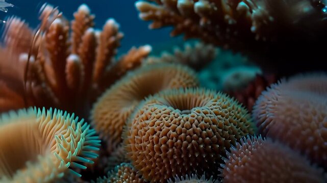 A surreal microplastic swirl over a vibrant coral reef, an AI-generated vision of ocean pollution and environmental contamination.