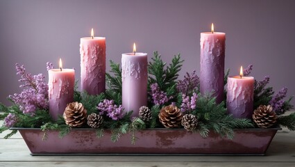 Rustic Christmas Arrangement with Lavender Pillar Candles