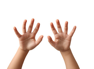 Two child's hands, palms up, raised in the air against a black background. Soft light highlights the skin's texture