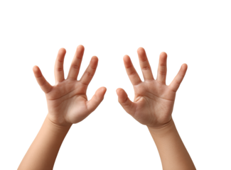 Two child's hands, palms up, raised in the air against a black background.  Soft light highlights the skin's texture