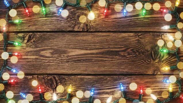 Festive glowing Christmas lights twinkle on rustic wooden background