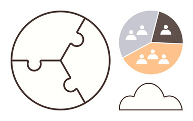 Globe-shaped puzzle divided into three segments, team member icons in segments, and a minimalist cloud. Ideal for teamwork, global strategy, connectivity, diversity, organization, problem-solving