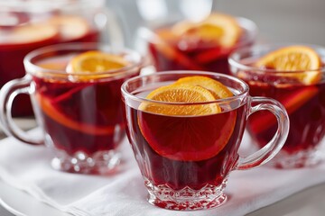 Holiday red punch with orange slices in glass cups
