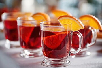 Clear glass cups filled with festive red holiday punch garnished with bright orange slices, creating a cheerful seasonal drink.
