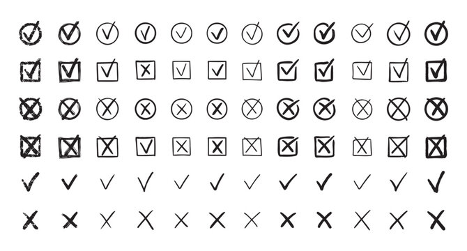 Check marks hand drawn doodle set. tick, cross signs for checkbox, checklist, v and x in sketch set.