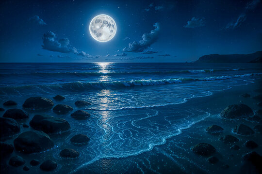 Moonlit Beach at Night with Waves and Bright Full Moon