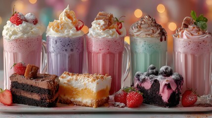 Assortment of vibrant milkshakes topped with whipped cream and sweets, served with various cakes and strawberries on a festive background.
